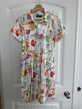 Karl Lagerfeld White Midi Shirt Dress with Multicolor Floral & Paris Print